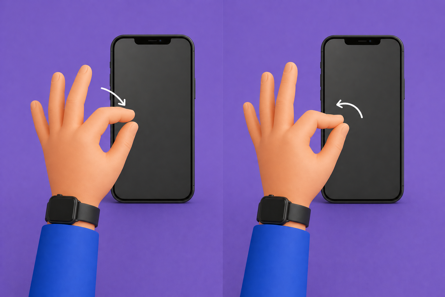 Ilustração em duas etapas: aproximar polegar e indicador (pinça) e abrir o gesto em frente ao celular.